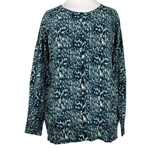 Jessica London Cotton Cardigan Sweater Blue Multi Splatter Print Sz 14-16 NEW